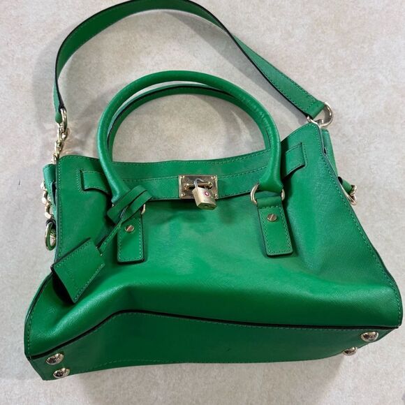 Michael Kors Hamilton Kelly Green Leather Handbag purse gold chain design